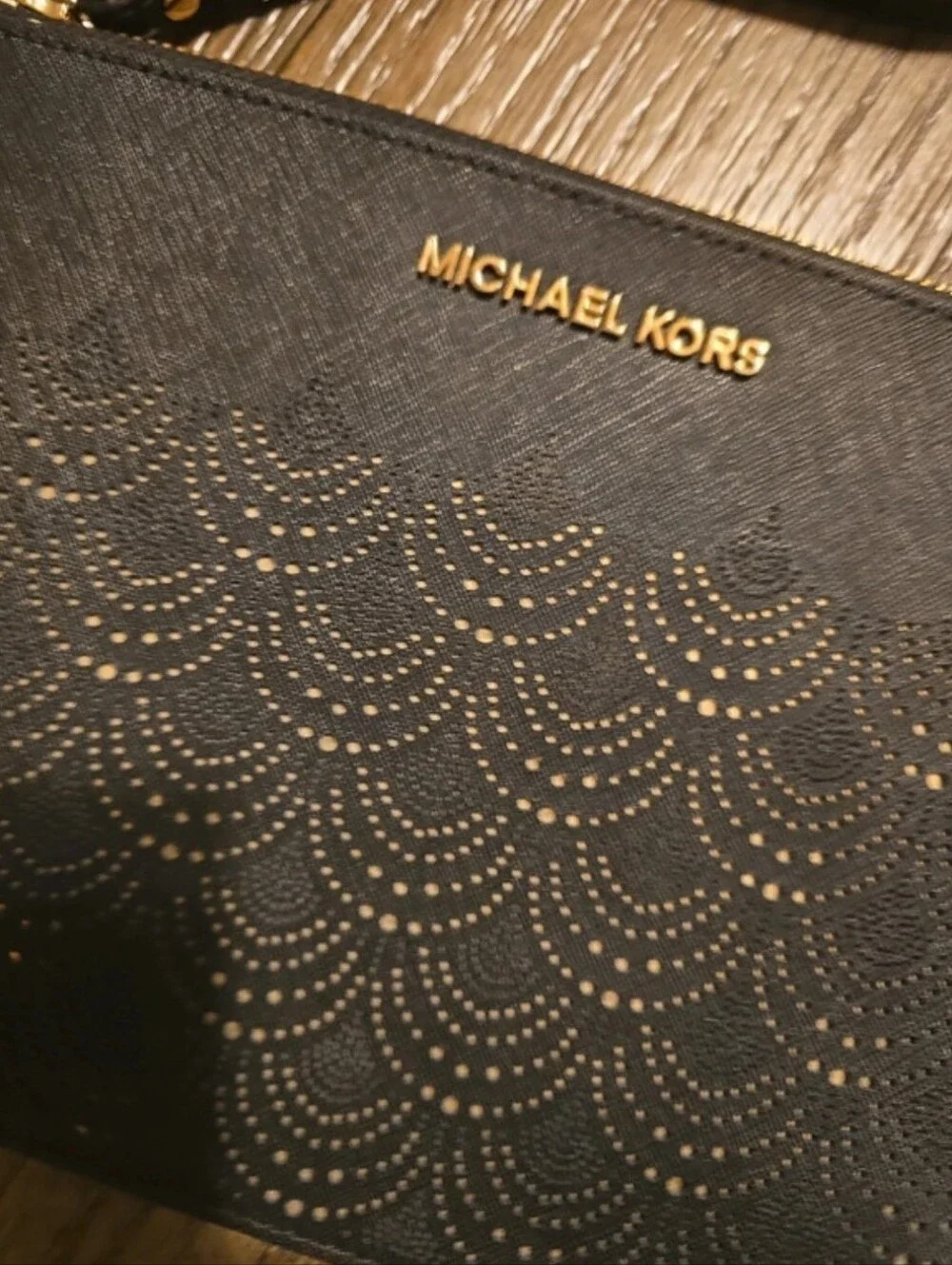 Michael Kors Black Wristlet Clutch with Gold Logo
